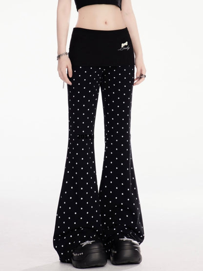 Flared Casual Pants Black Polka Dot Elastic Waist Slim-fitting