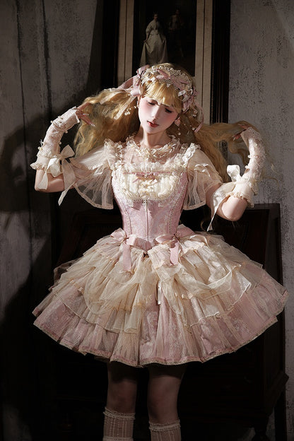 Lolita Balletcore Princess + Pink Floral Corset Top Print Boned Skirt Light