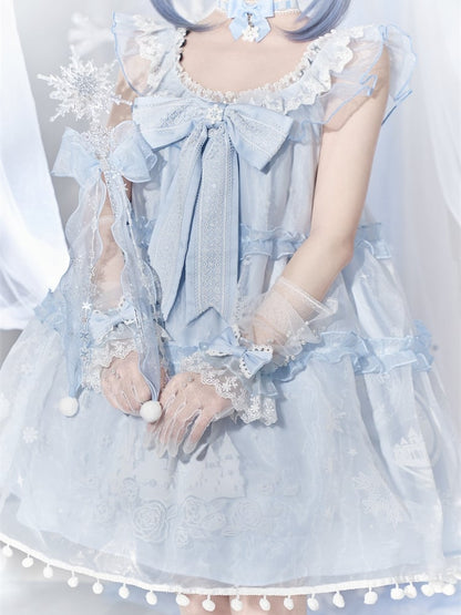 Light Blue Snow Moon Castle Overlay Pompoms Trimmed Dress Sweet Lolita Jumper Skirt
