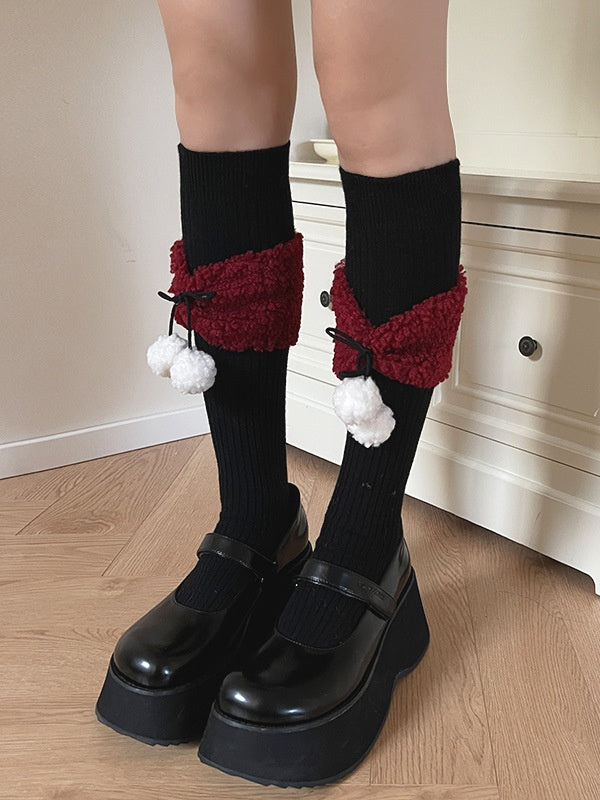 White Black Sweet Bowknot Stockings With Pompons