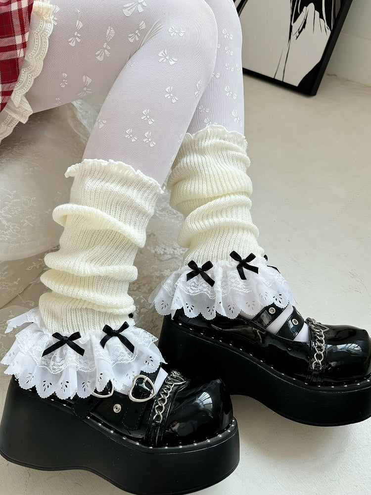 Jambières Lolita à bordure en dentelle et nœud blanc