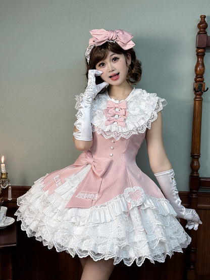 Pink Striped Fabric Slim Fit Waist White Layered Ruffle Neck Sweet Lolita Sleeveless Dress