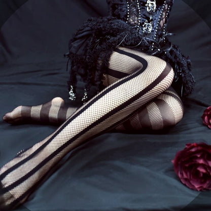 Asymmetrical Striped Fishnet Tights
