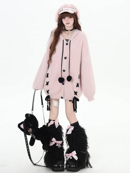 Pink Bunny Ears V-neck Hooded Loose Cardigan Lace-up Detail