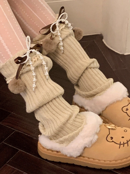 Black/Khaki/Milk White Bowknot Lace Trim Leg Warmers With Pompons