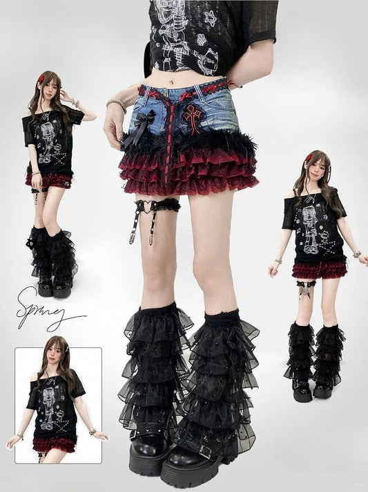 Lace Skirt Tiered Y2K Patches Contrast Blue
