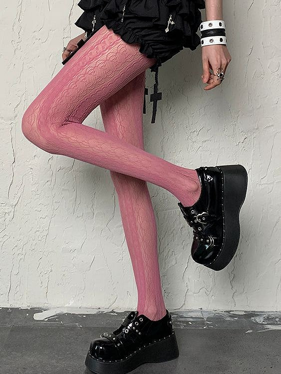 Y2K Strumpfhose mit ausgehöhlten Rosen, rosa gestreiftes Design