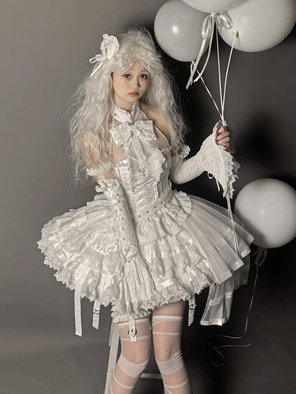 Set Halter Lolita Neck Sleeveless Gothic Skirt Tiered Full + Shiro White Top