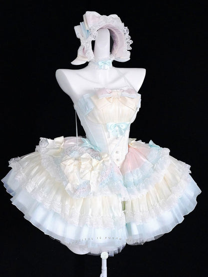Sweet Lolita Balletcore Dress Blue Tiered Pink Skirt Yellow Boned Corset Waist