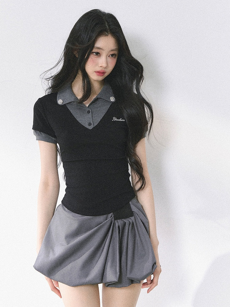 und graues Polokragen Preppy Style Faux Zweiteiler T-Shirt Schwarz