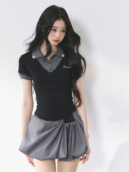 und graues Polokragen Preppy Style Faux Zweiteiler T-Shirt Schwarz