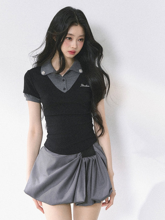 und graues Polokragen Preppy Style Faux Zweiteiler T-Shirt Schwarz
