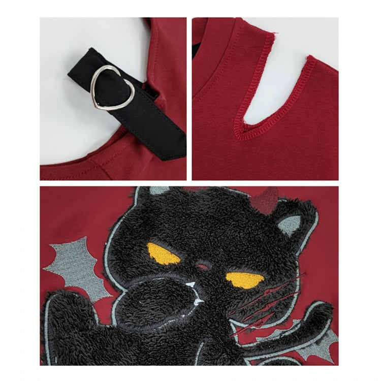 Dark Red Plush Evil Kitty Applique Cutout Shoulder Punk T-shirt