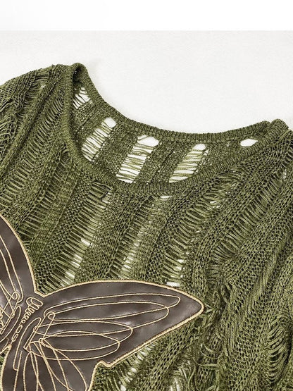 Knitted Protection Top Applique Sun Long Bittersweet Glamorous Sleeve Butterfly Green