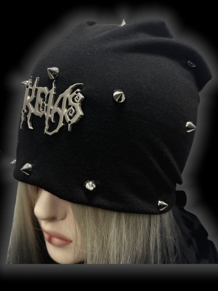 Y2K Black Metallic Letter Details Studs Punk Slouchy Beanie