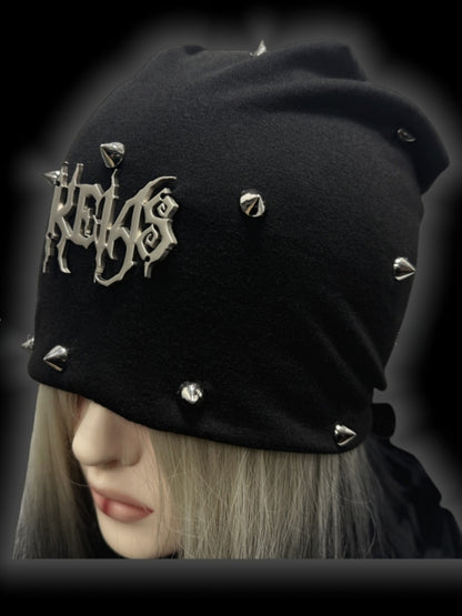 Y2K Black Metallic Letter Details Studs Punk Slouchy Beanie