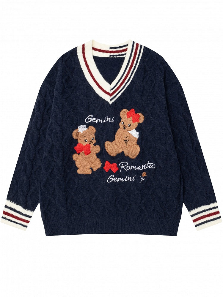Christmas Navy Blue Gingerbread Bear Appliques V-neck Soft Sweater