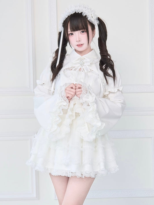 Gothic with Sleeves Skirt Bell Jirai Detachable Tiered Kei Dress White Lace