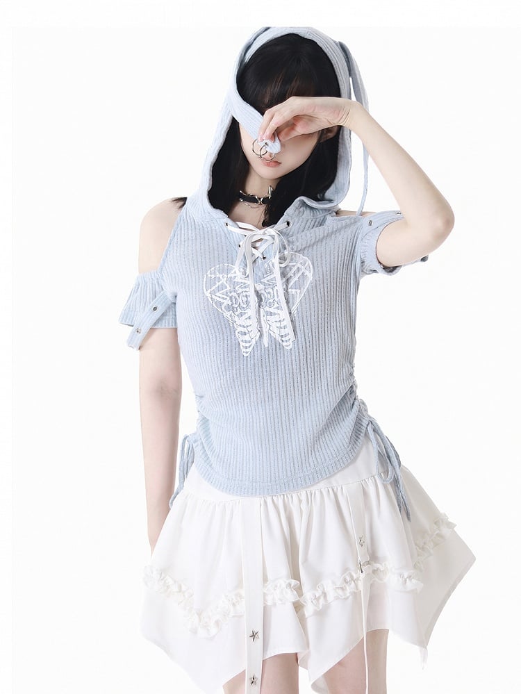 Blue Lace-up Hood T-Shirt Light Drawstring Waist Bunny Ear Design Neckline