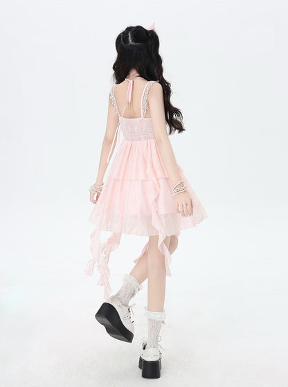 Pink Cascading Ruffle Accents Bow Detail Front Sleeveless Dress