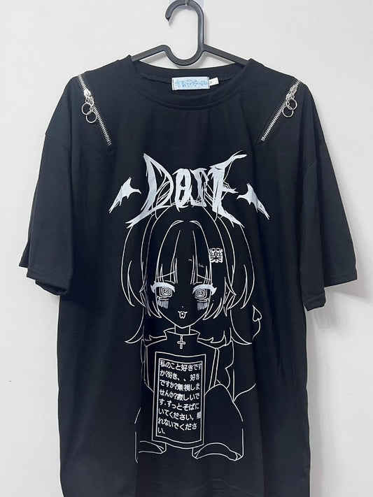 Letter T-shirt Black Print And Kei Jirai Cartoon