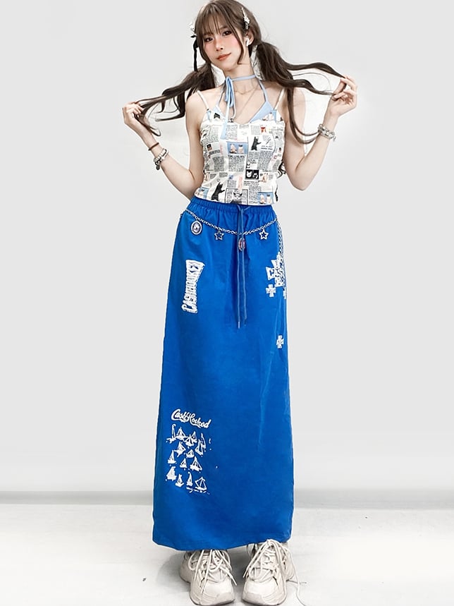 Blue Y2K A-Line Skirt With Letter Sailboat And Cross Prints