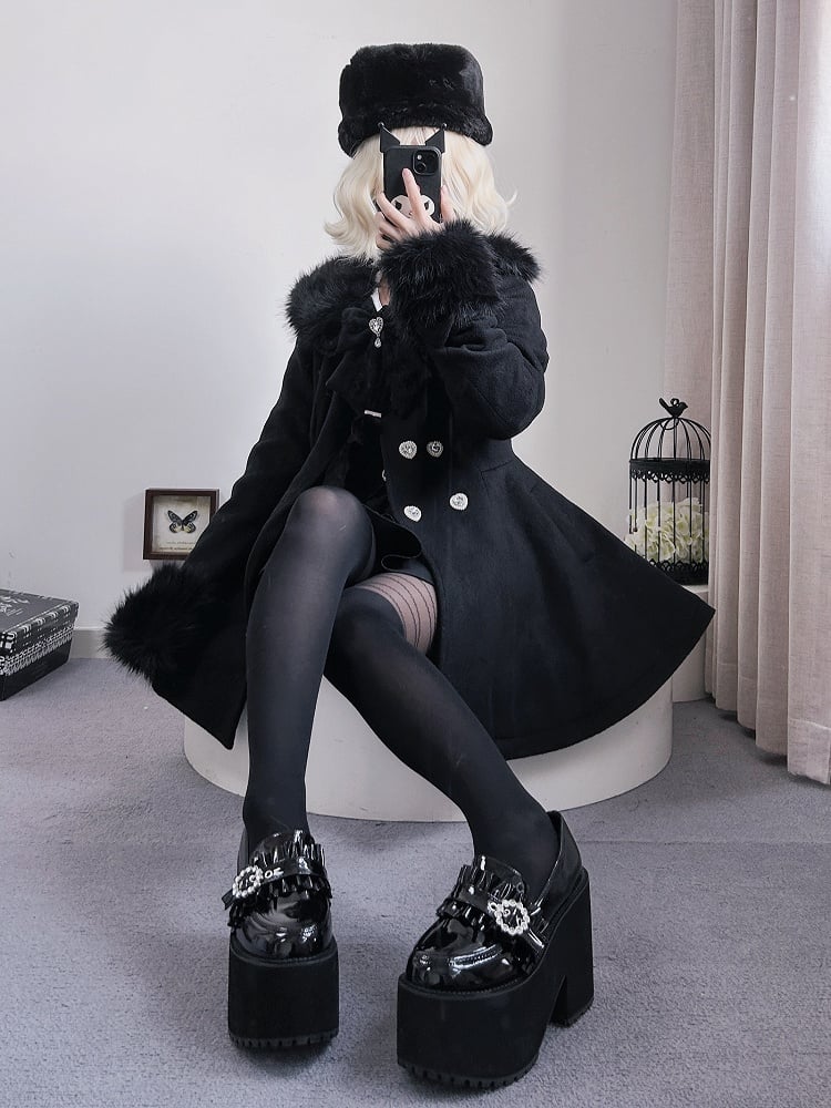 Jirai Kei Black Detachable Plush Collar and Cuffs Landmine Style Woolen Coat with Bow