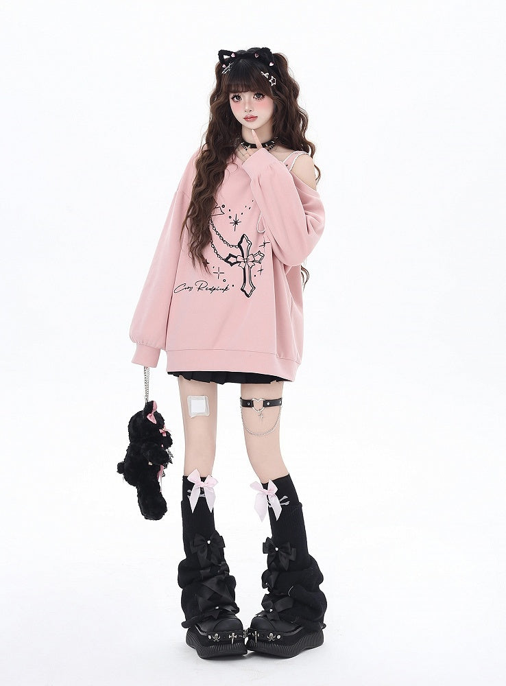 Black/Pink Asymmetrical Neckline Heart Buckle Cross Embroidered Sweatshirt