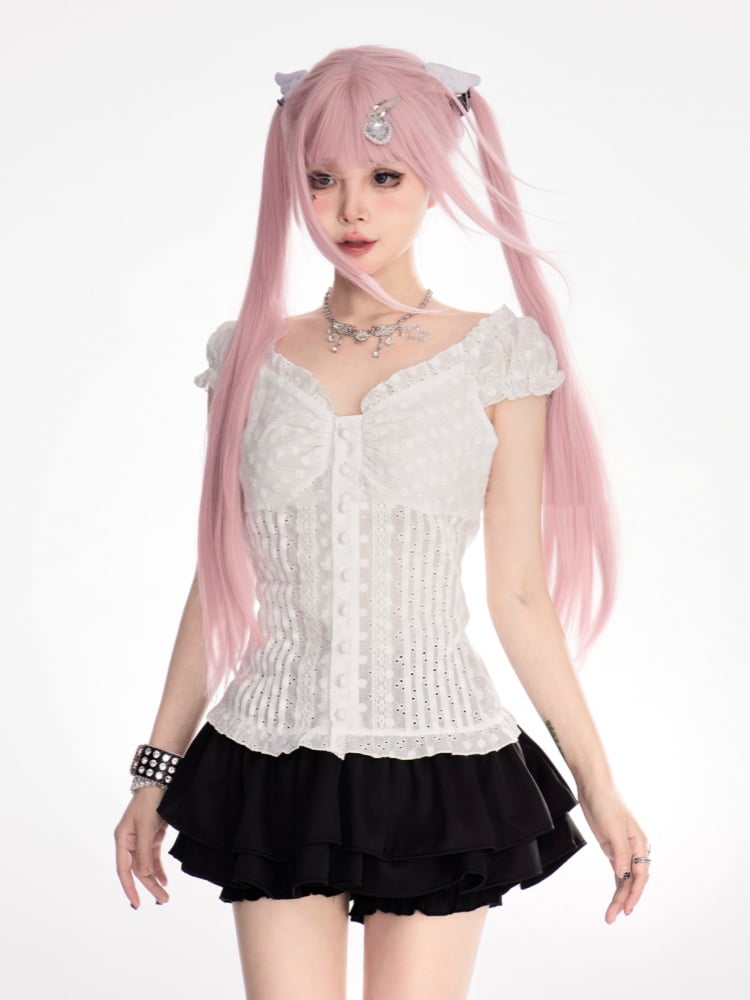 V-Ausschnitt T-Shirt Weiß Off-the-Shoulder Ausschnitt Puffärmel Süß