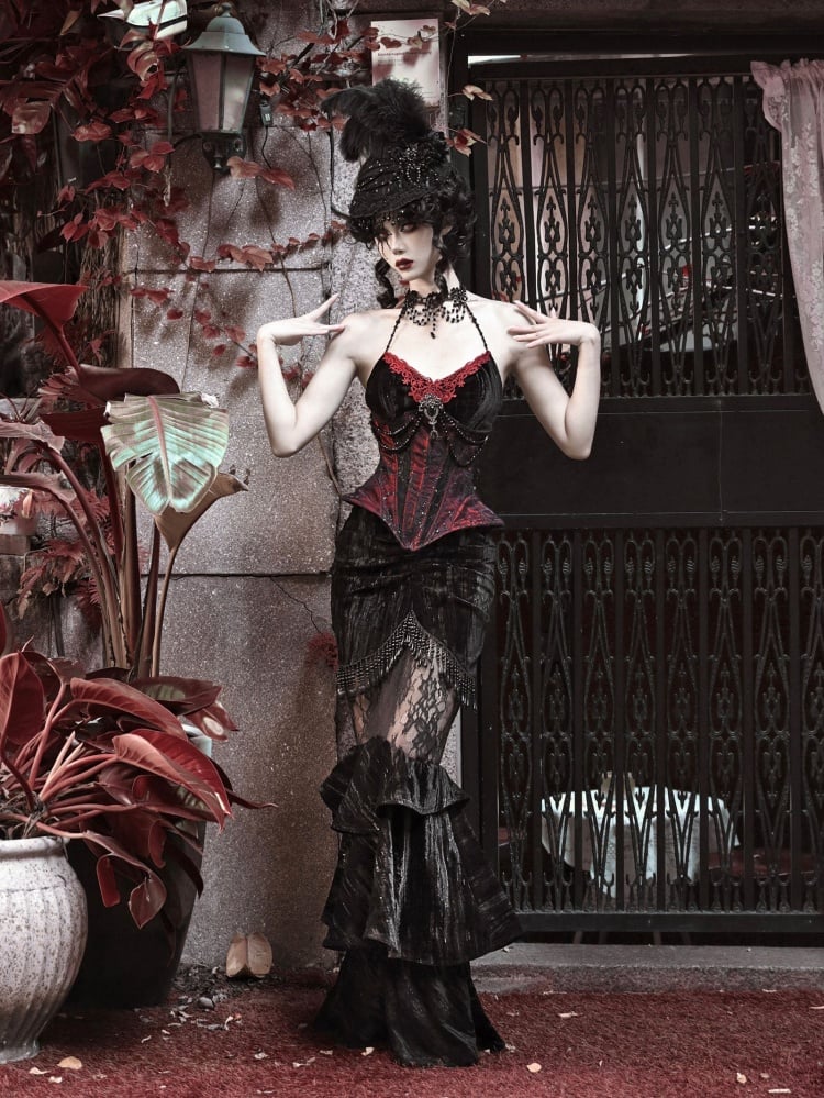 Goth Spiderweb Lace Wine Red Vampire Boned Corset