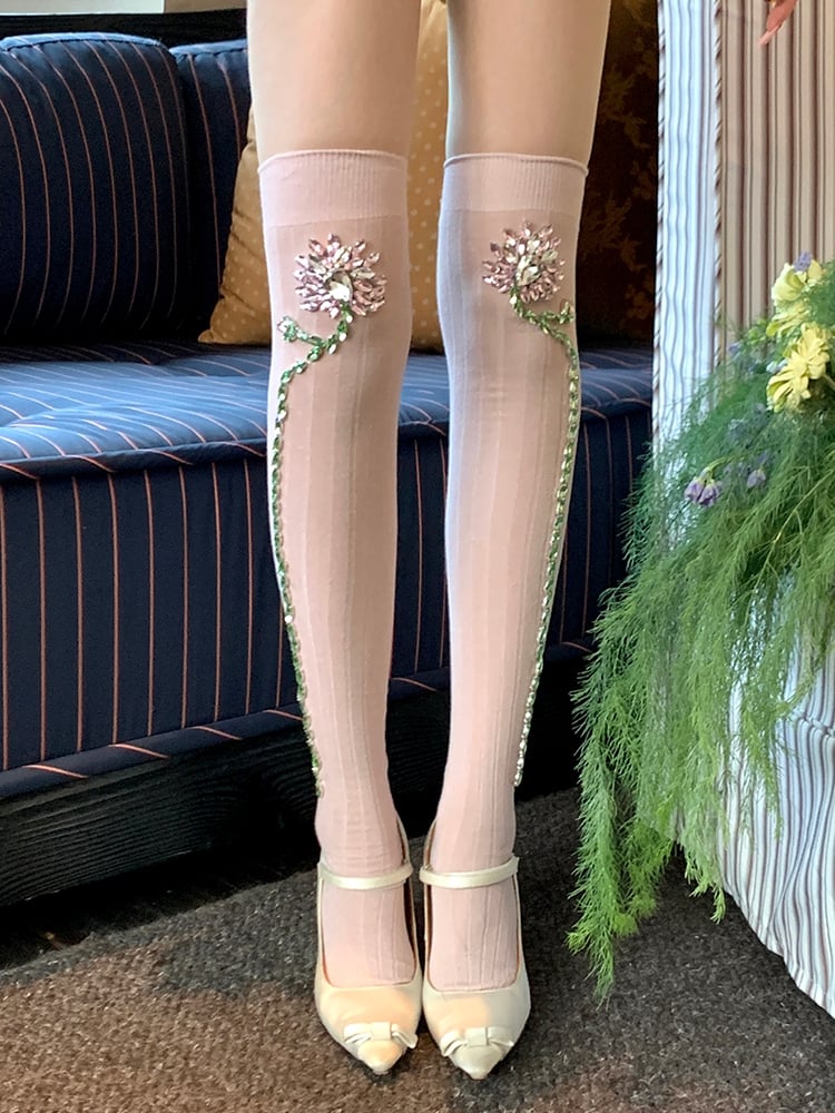 Overknee-Strümpfe in Rosa/Weiß mit Strass-Blumenverzierung