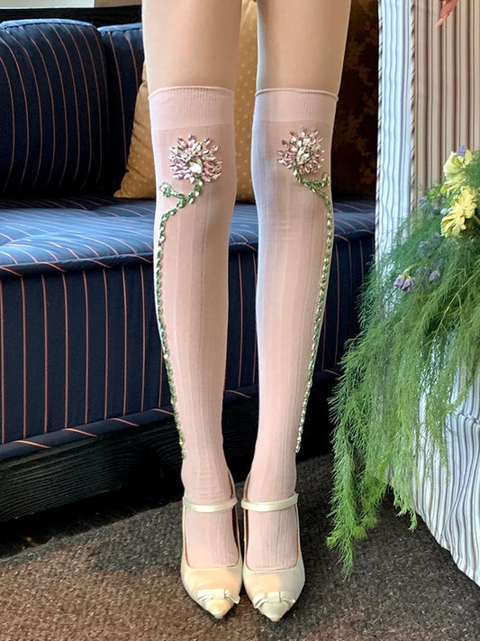 Overknee-Strümpfe in Rosa/Weiß mit Strass-Blumenverzierung