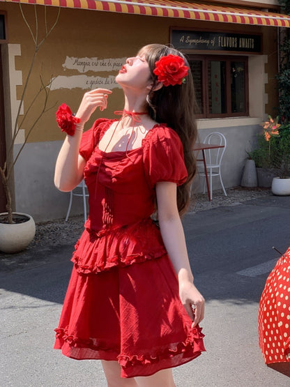 Pleating Waist Hem Details Vintage Dress Red Square Neckline Puff Sleeves Ruffle