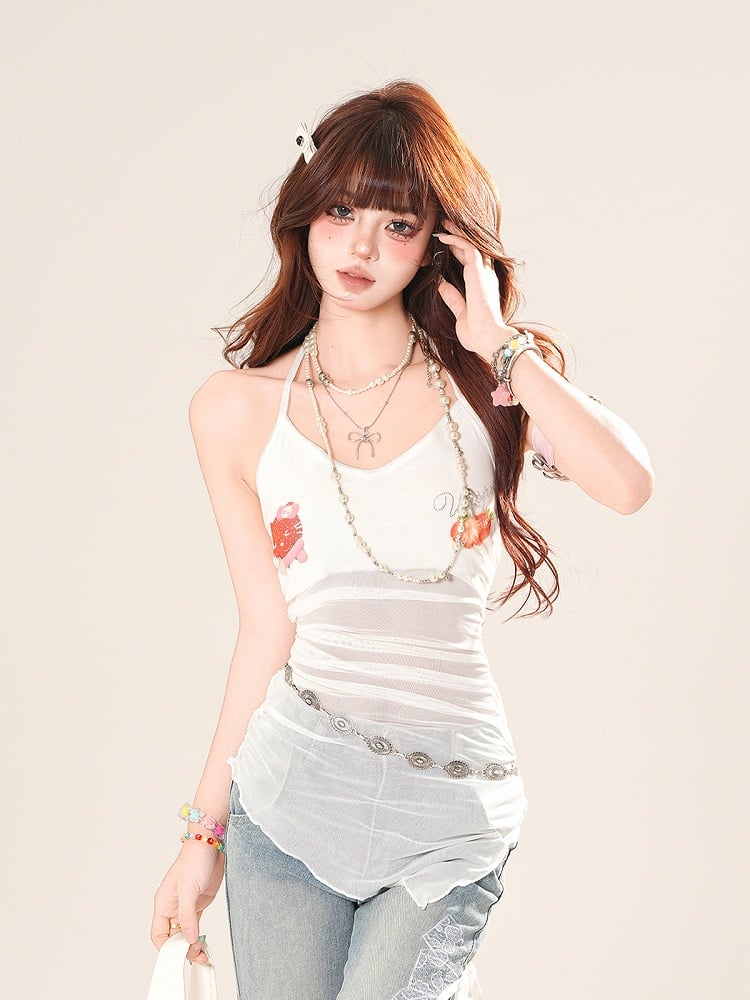 Halter Neck Mesh Hem Strawberry Print White Asymmetrical Top Sweet