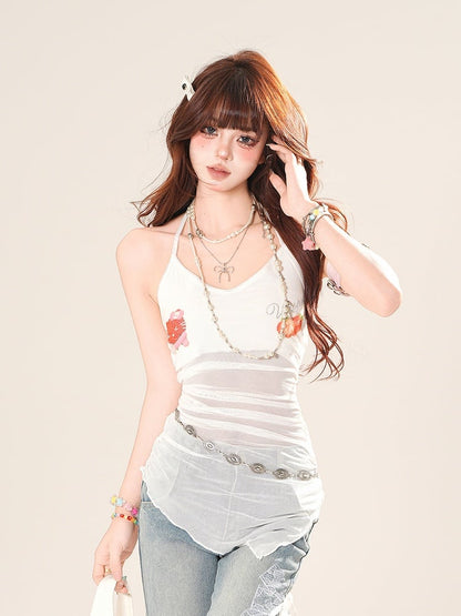 Halter Neck Mesh Hem Strawberry Print White Asymmetrical Top Sweet