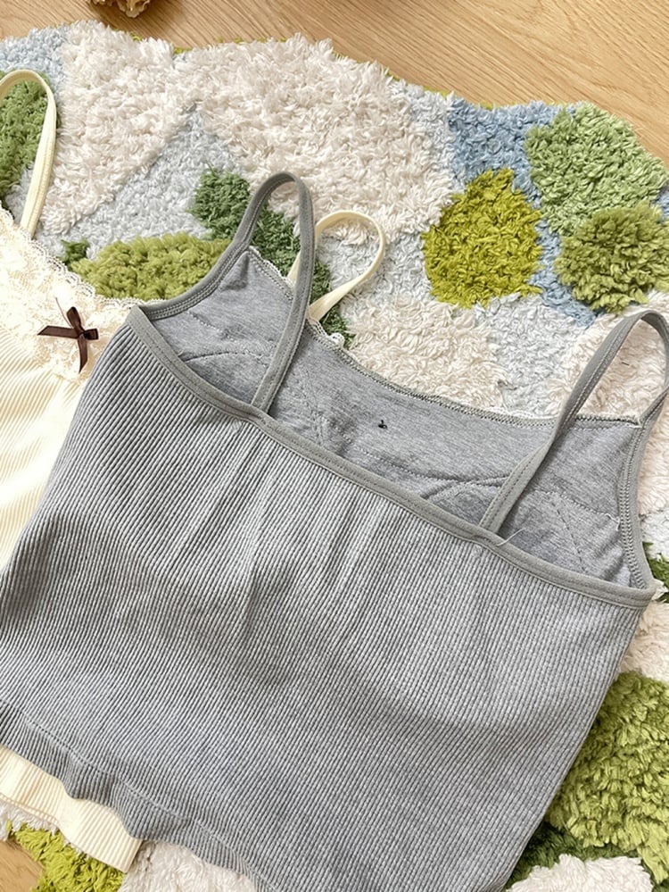 Apricot Gray Lace Trim Bowknot Cami Top