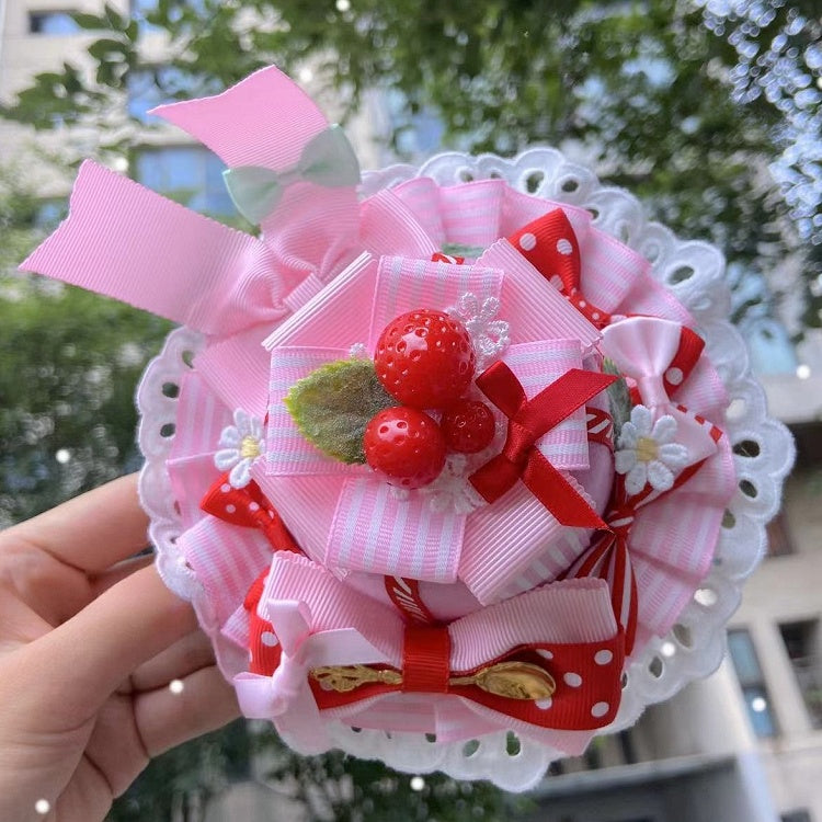 Bowknot Lace Design Trim Mini Pink Floral Strawberry Hat Decorated Details