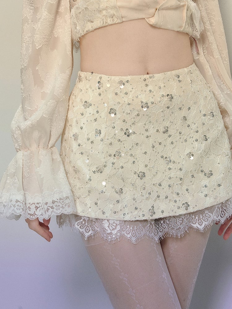 Apricot Sequins Detail Lace Trim Mini Skirt