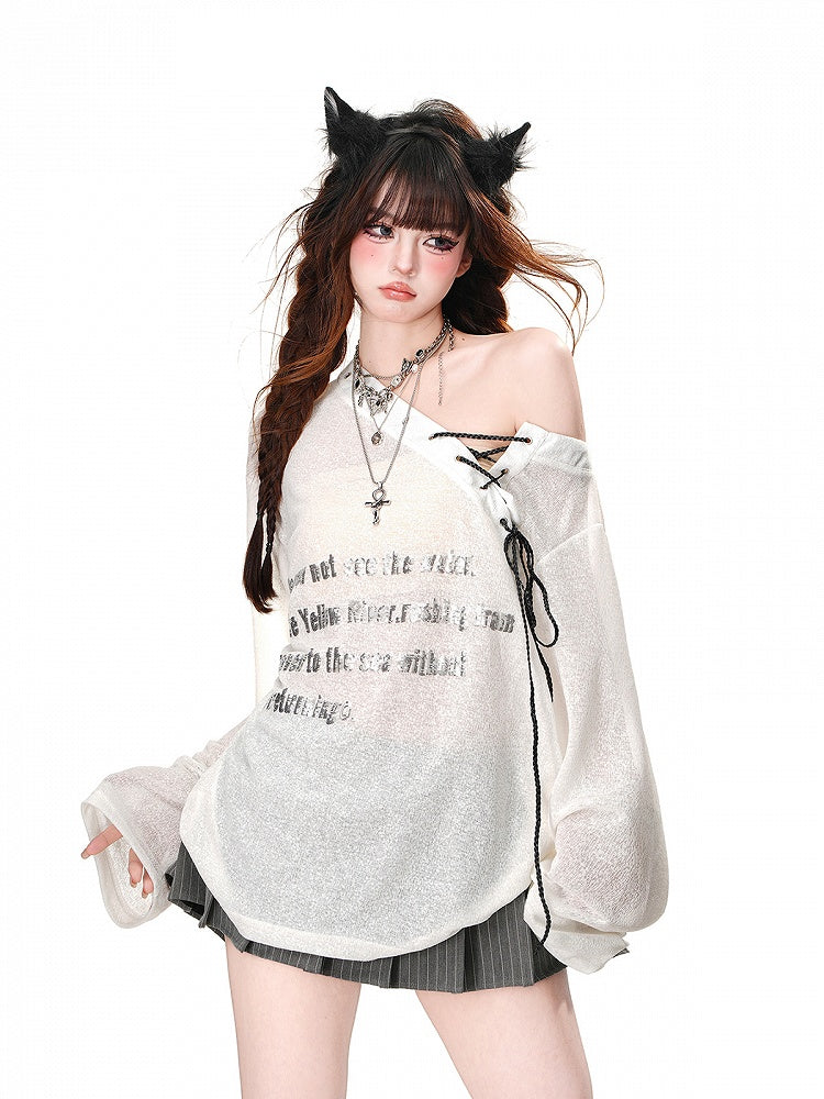 Black/White Semi-sheer Asymmetrical Neckline Sun Protection Top with Lace-up Detail