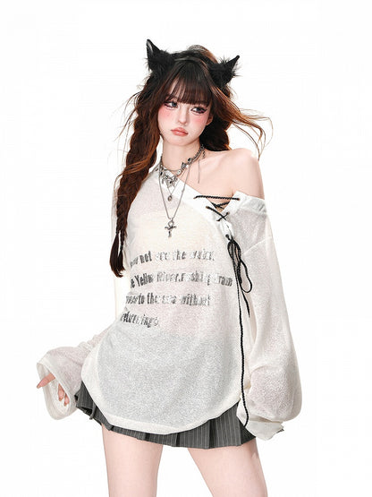 Black/White Semi-sheer Asymmetrical Neckline Sun Protection Top with Lace-up Detail