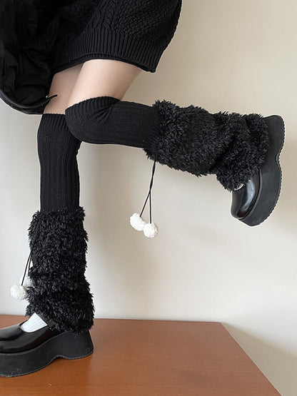 Cute White/Black/Brown Y2K Knit Leg Warmers With Pompons