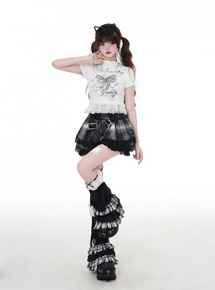 Bow Print Glamorous Cropped Neck Lace Hem T-Shirt Gray/White Mock