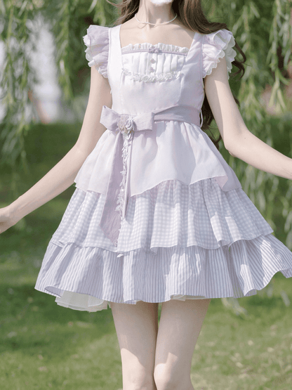 with Skirt Sweet Lavender Flutter Sleeves Dress Floral Tiered