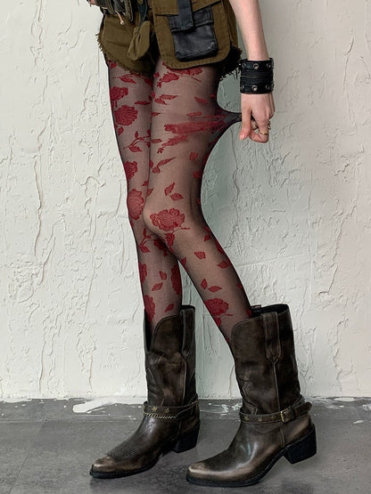 Pattern BlackRed Tights Rosette Gothic