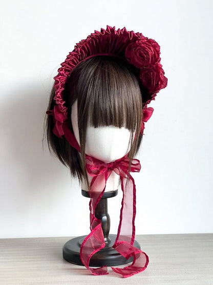 with Bonnet Ruffled Rosette Apricot/Black/White/Red Accents Lolita Detachable