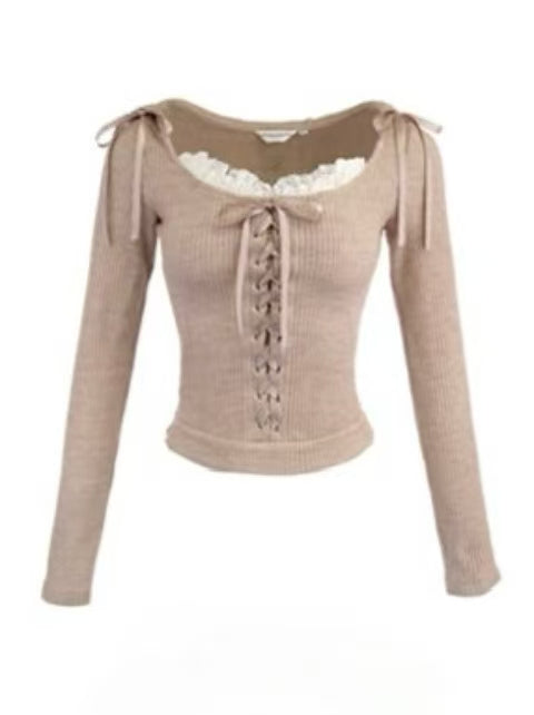 Schleifenstrick mit verstellbarem Kapuzenpullover mit Milchfrontschnürung und Teeakzenten