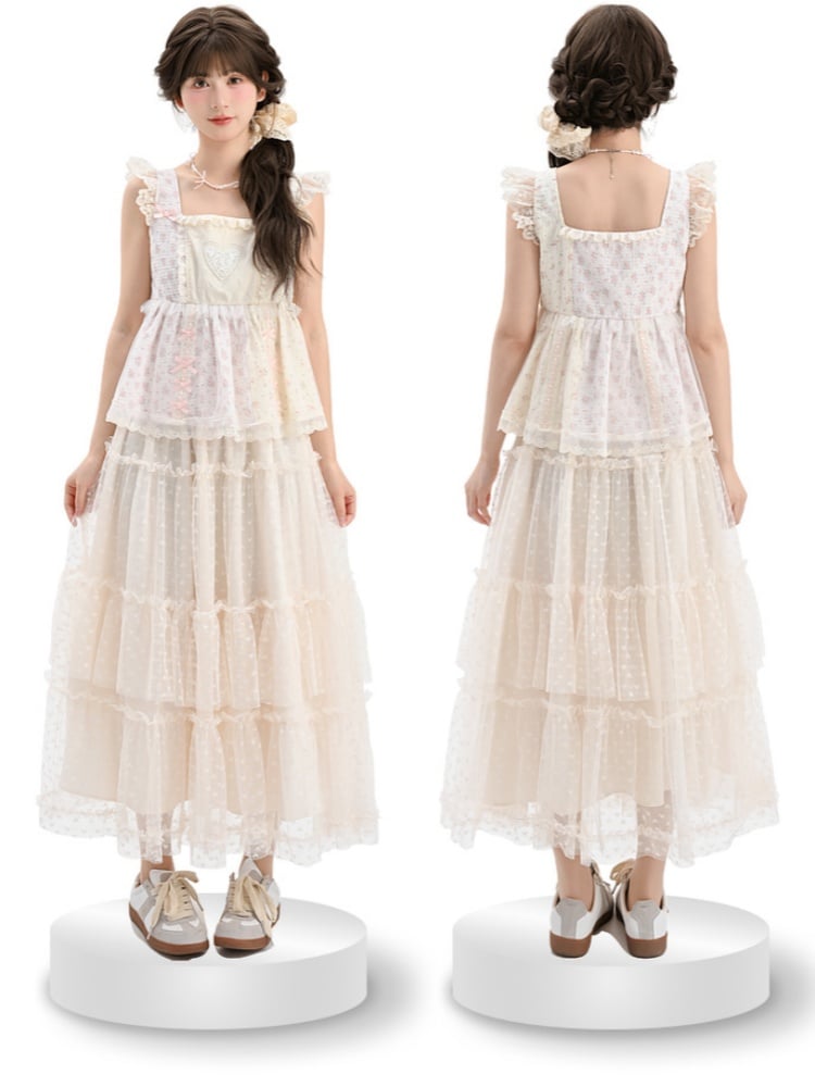 Apricot Elastic Waist Heart Pattern Mesh Tiered Skirt