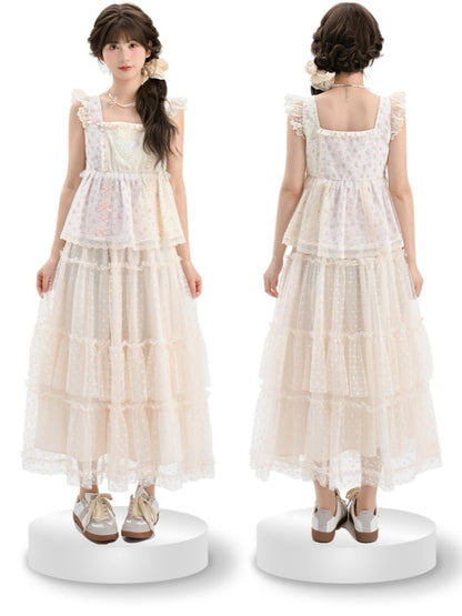 Apricot Elastic Waist Heart Pattern Mesh Tiered Skirt