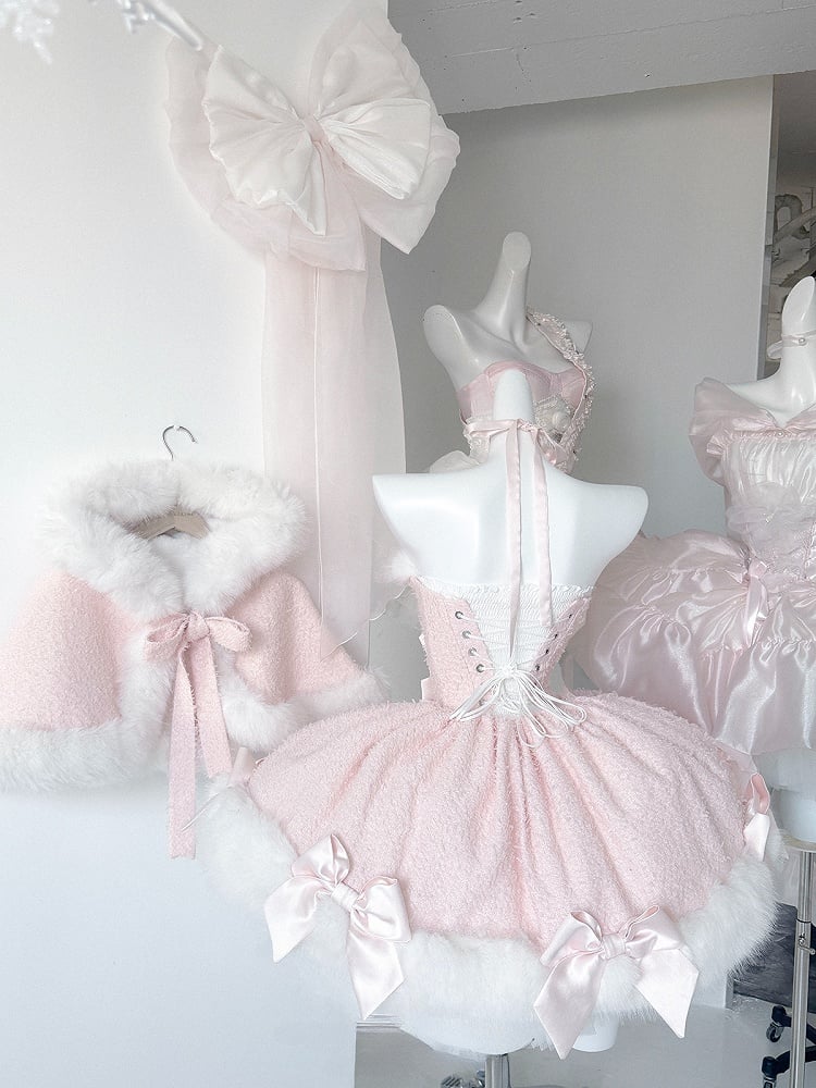 V-Day Pink Bows Plush Neckline and Hemline Boning Dress + Cape Full Set