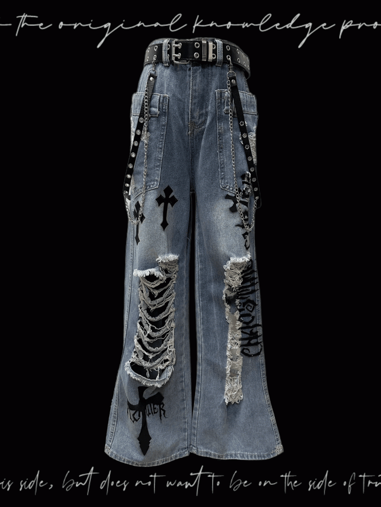 Jeans Wash Glamorous Flared Faded Blue Distressed Holes Cross Appliques